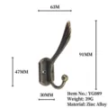 Antique bronze wall-mounted coat hook made of zinc alloy for hats and clothes - European Pattern Style (YG089) / 91x63mm
