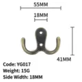 Antique bronze double coat hook with dimensions 55mm x 41mm, model YG017 metal hanger - Antique Bronze U-Shaped Double Hook (YG017) / YG017