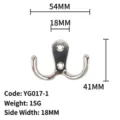 Silver zinc alloy double robe hook with dimensions 54mm x 41mm - Bright Silver Double Hook (YG017-1) / YG017-1