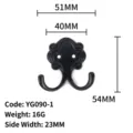 Antique style black zinc alloy double coat hook with detailed dimensions and 16g weight - YG090-1