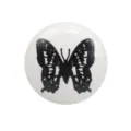 Decorative round white ceramic drawer knob with black butterfly print for kids room - Butterfly Style (TCL813-5)