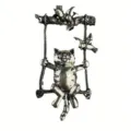 Vintage silver cat on a swing brooch with cute bird details for clothing accessory - Cat on Swing Style (SMT1005008305432092)