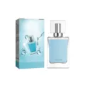 Clear square glass perfume bottle with light blue liquid and luxury gift box packaging. - 50ml