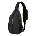 Close-up view of a black waterproof outdoor sling bag for men featuring multiple zippers - 15 Inch / Black