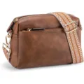 Detail view of a brown leather crossbody bag with three zippers and a stylish patterned strap - Brown