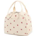 Detailed front view of a corduroy strawberry print lunch bag with dual zippers - Portable Lunch Bag / Beige (Strawberry)