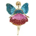 Elegant ballet fairy brooch with sparkling blue crystal wings and pink shell skirt design - Blue