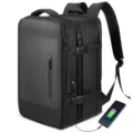 Professional large black travel laptop backpack featuring a functional USB charging port - Black (Single Vertical Zipper Front Pocket)