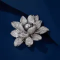 Elegant luxury lotus flower brooch featuring crystal petals and a large grey pearl center - Silver Lotus Dark Gray Pearl Center