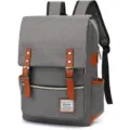 Close-up of a vintage grey canvas laptop backpack with brown faux leather accents. - Vintage Style (30527) / Without USB / Light Gray