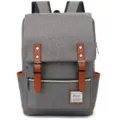 Front view of vintage grey canvas backpack featuring stylish brown leather straps and metal buckles - Light Gray