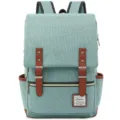 Front view of a vintage mint green canvas travel backpack with brown leather accents - Light Green