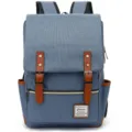 Front view of a vintage blue canvas backpack featuring classic brown faux leather straps - Light Blue