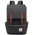 Vista frontal de mochila vintage de lona gris con correas de hebilla de cuero - Gris oscuro