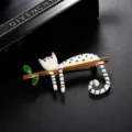 Cute white cat brooch with black spots on golden branch accessory pin - Black and White Spotted Cat on Branch Style (Style 23)