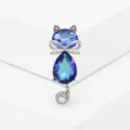 Exquisite cute cat brooch pin featuring vibrant blue purple gradient crystals and silver bow - Blue and Purple Gradient Artificial Crystal Bow Cat Style (Style 29)