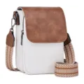 Close-up of stylish PU leather crossbody bag with patterned strap and brown flap. - Brown White