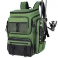 Detail showing rods and reels attached to the side of the green fishing backpack - Green