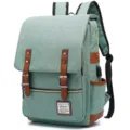 Detailed view of a vintage mint green canvas backpack with leather straps and USB port. - Vintage Style (30527) / Upgraded With USB / Light Green