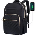 Vista detallada de mochila de negocios acolchada negra con puerto de carga USB integrado. - Estilo con 3 Cremalleras Frontales / Negro