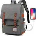 Detail view of retro gray canvas backpack showing integrated USB charging functionality. - Vintage Style (30527) / Upgraded With USB / Light Gray