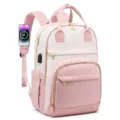 Stylischer pink-cremefarbener Damen-Laptop-Rucksack mit USB-Ladeanschluss in Aktion - Rosa & Beige