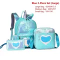 Turquoise sequin unicorn backpack 3-piece set with heart details for school girls. - Large 3-Piece Set / Blue