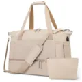 Large beige travel duffle bag with USB charging port and matching cosmetic pouch - Three-Piece Set / Khaki