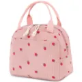 Close-up of pink corduroy lunch bag with cute red strawberry pattern and double zippers. - Portable Lunch Bag / Pink (Strawberry)