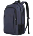 Detailed side view of a premium navy blue business laptop backpack with USB port - Blue