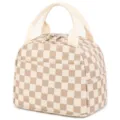 Side view of checkered corduroy lunch bag showing soft texture and sturdy top handles - Portable Lunch Bag / Brown and White Grid
