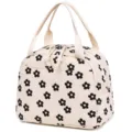 Detailed view of cream corduroy insulated lunch bag with black floral daisy pattern - Portable Lunch Bag / Beige (Floral)