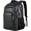 Professional black laptop backpack with USB charging port and multiple compartments. - 18 Inch / PU Leather Style / Black