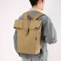 Khaki urban casual roll-top computer backpack with magnetic buckle for business travel - Khaki