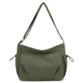 Green nylon shoulder bag casual tote hobo handbag with side drawstring pockets for women - Green