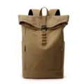 Minimalist khaki roll-top laptop backpack with magnetic buckle for urban business travel - Coffee
