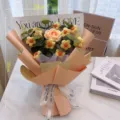 Handmade crochet flower bouquet artificial knitted roses yellow daisies gift for women 30cm - 11 Puff Flowers and Rose Bouquet in Orange