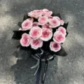 Pink artificial rose flower bouquet with black wrapping and ribbon gift box for valentine. - Twenty-one Heads / Silver