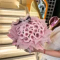 Stunning pink preserved rose soap flower bouquet gift for Valentine's Day and birthday. - 33 Flowers Gabrielle Bouquet Bucket / Plum Sauce