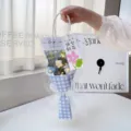 Elegant handmade crochet flower bouquet in blue checkered wrapping with festive LED lights - With LED Light / Blue