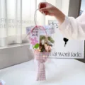 Handmade crocheted flower bouquet in pink checkered wrap with warm LED lights gift bag - With LED Light / Pink