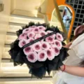 Valentine's Day heart-shaped rose bouquet, artificial soap flowers with black wrapping. - Twenty-one Heads / Black