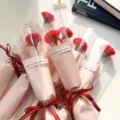 Kleine rode anjerboeketten in roze papierverpakking met rode satijnen linten cadeau - Enkele Verpakking / Enkele Anjer (Helder Rood)