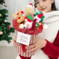 Christmas plush doll bouquet with LED lights, festive gift variant for holiday celebrations. - Small Brown Bear Bouquet Christmas Style in Red with Gift Bag