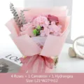 Elegant pink soap flower bouquet featuring roses and carnations in soft gift wrapping - 4 Roses and 1 Carnation (XH-036)