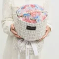 Gradient pink blue soap rose bouquet in tweed gift box with pearl ribbon for teacher gift - Pink Snow Mountain