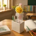 Knotted crochet sunflower bouquet pen set with white ceramic pen holder for teachers - Sunflower Smiley (With Card & Bag) / 0.5mm