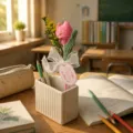 Creative crochet knitted flower gel pen with ceramic pen holder, perfect teacher day gift. - Pink Tulip