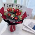 Handcrafted crochet red and white flower bouquet knitted rose gift for special occasions - 11 Puff Flowers Bouquet in Bright Red
