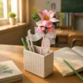 Knitted flower pen bouquet gift for teacher day, cute crochet simulation flower pen with holder. - Pink Lily (With Card & Bag) / 0.5mm